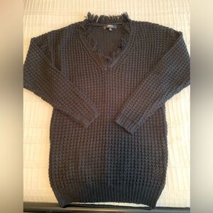 Women’s Black V-Neck Tunic Sweater with Fringe Detail